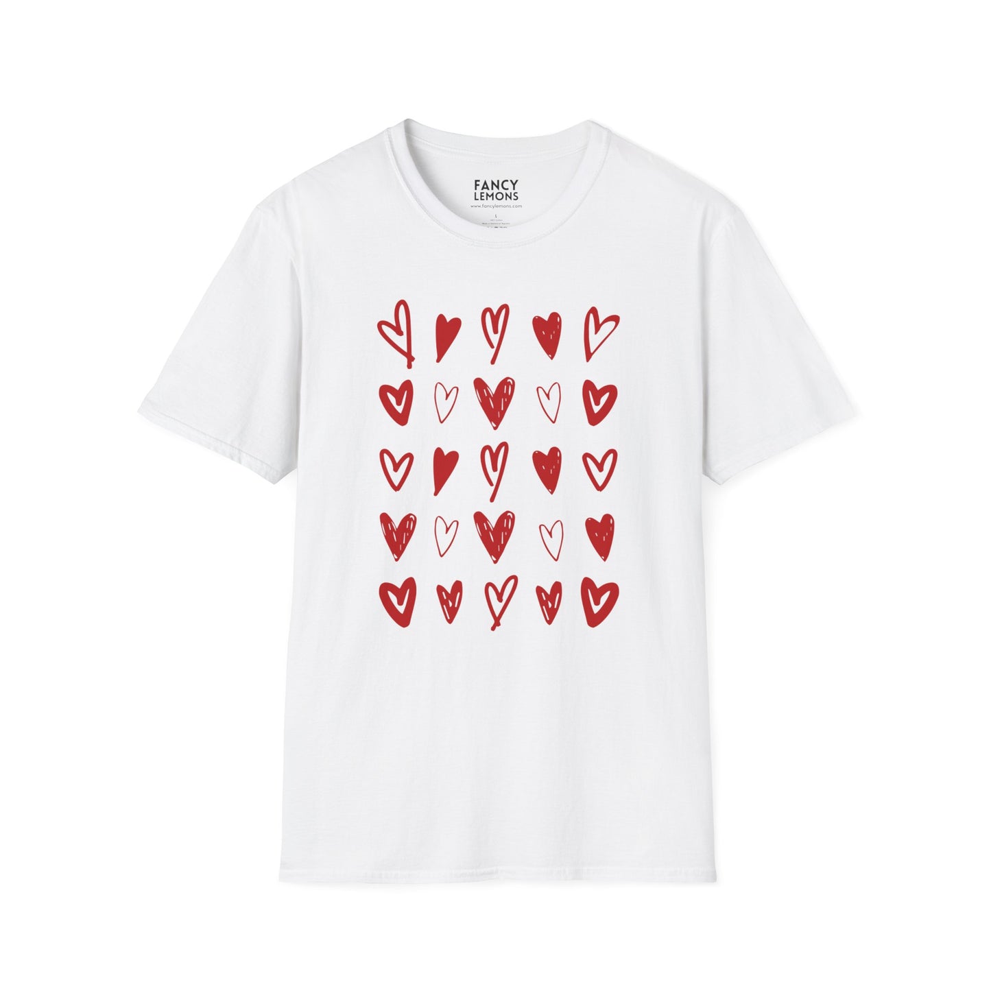 Whimsical Love: White Softstyle Cotton Tee with Hand-Drawn Rows of Red Hearts Unisex T-Shirt"