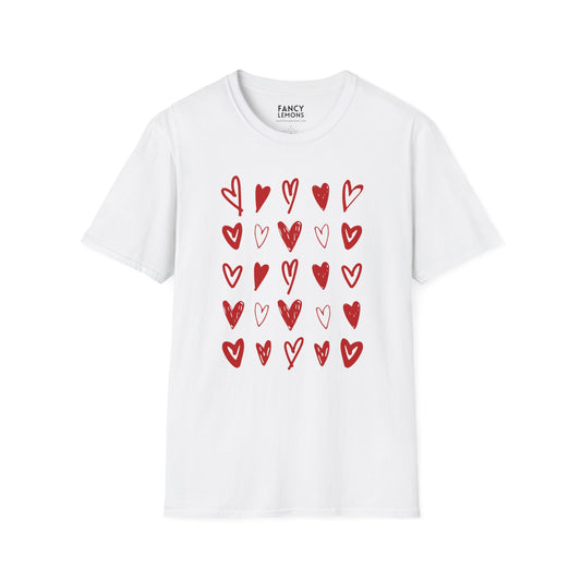 Whimsical Love: White Softstyle Cotton Tee with Hand-Drawn Rows of Red Hearts Unisex T-Shirt"