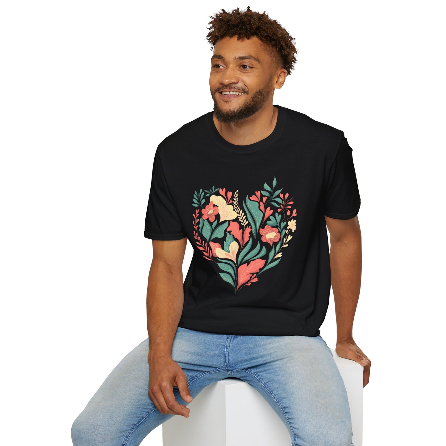 Black Floral Heart Graphic T-Shirt: Nature's Elegance in Black - Unisex Softstyle T-Shirt