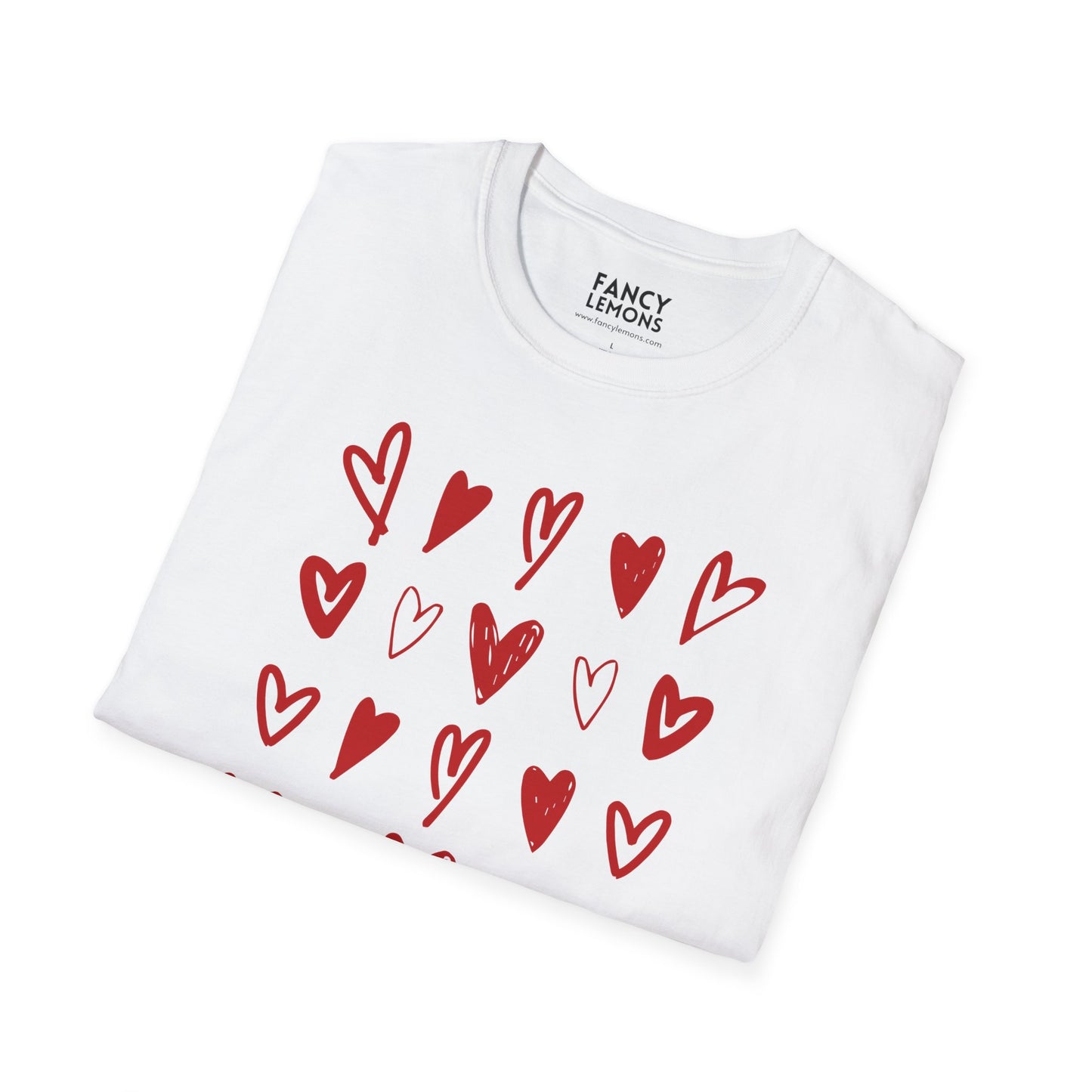 Whimsical Love: White Softstyle Cotton Tee with Hand-Drawn Rows of Red Hearts Unisex T-Shirt"