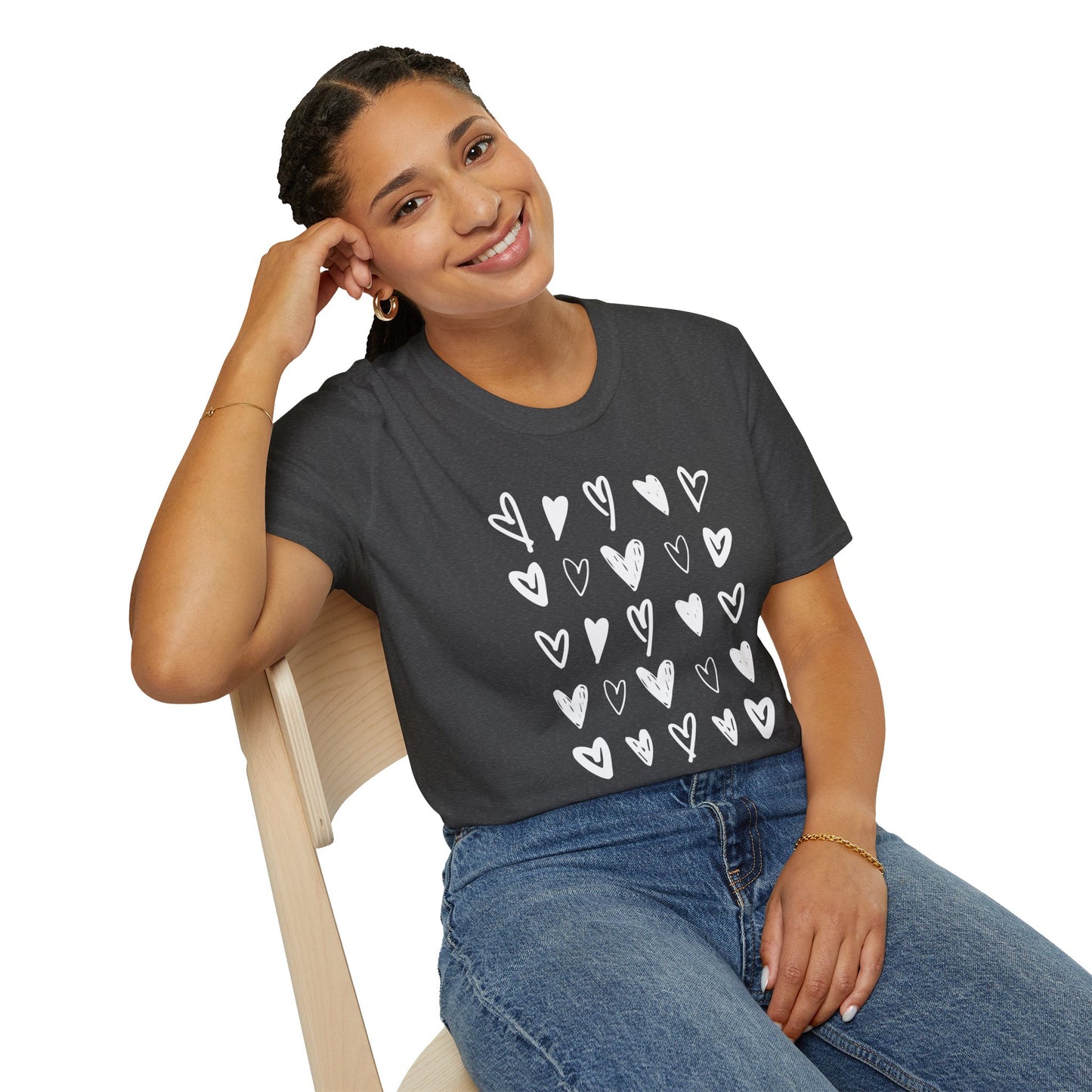 Whimsical Love: Gray Softstyle Cotton Tee with Hand-Drawn White Hearts | Unique Heart Design on Back | Unisex T-Shirt