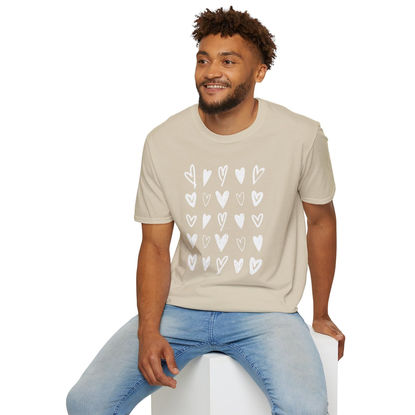 Whimsical Love: Gray Softstyle Cotton Tee with Hand-Drawn White Hearts | Unique Heart Design on Back | Unisex T-Shirt