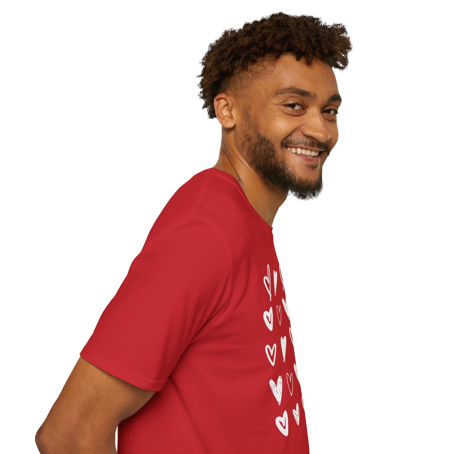 Whimsical Love: Gray Softstyle Cotton Tee with Hand-Drawn White Hearts | Unique Heart Design on Back | Unisex T-Shirt