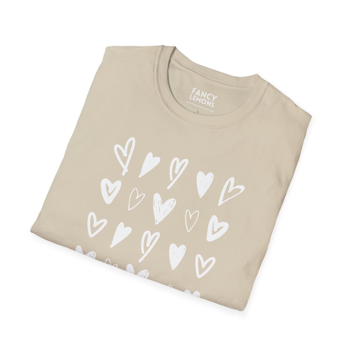 Whimsical Love: Gray Softstyle Cotton Tee with Hand-Drawn White Hearts | Unique Heart Design on Back | Unisex T-Shirt