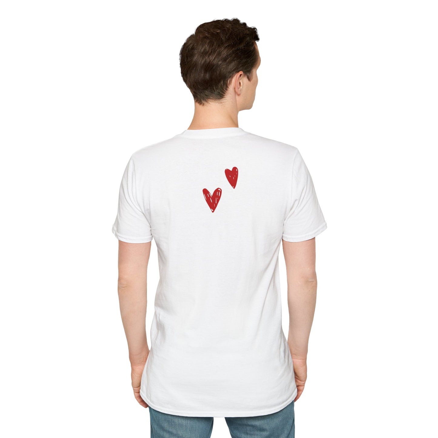 Whimsical Love: White Softstyle Cotton Tee with Hand-Drawn Rows of Red Hearts Unisex T-Shirt"