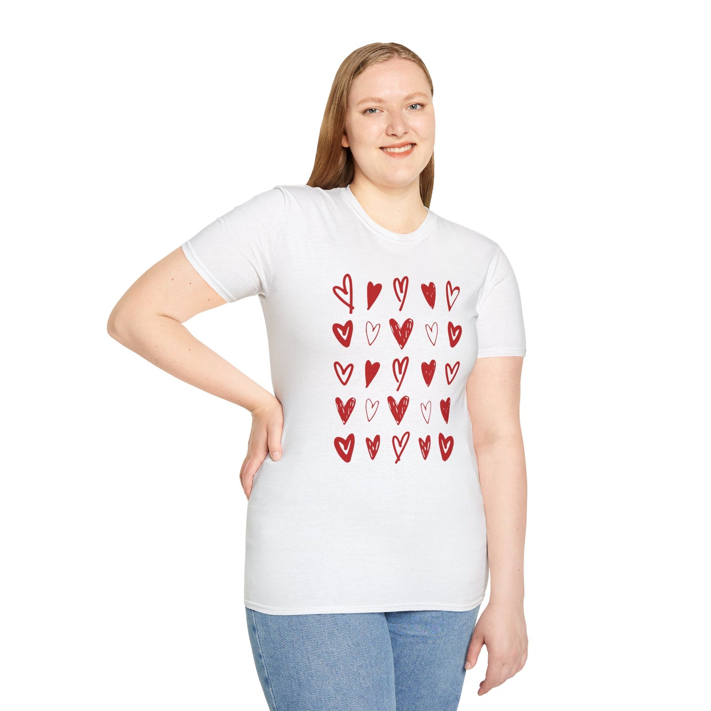 Whimsical Love: White Softstyle Cotton Tee with Hand-Drawn Rows of Red Hearts Unisex T-Shirt"