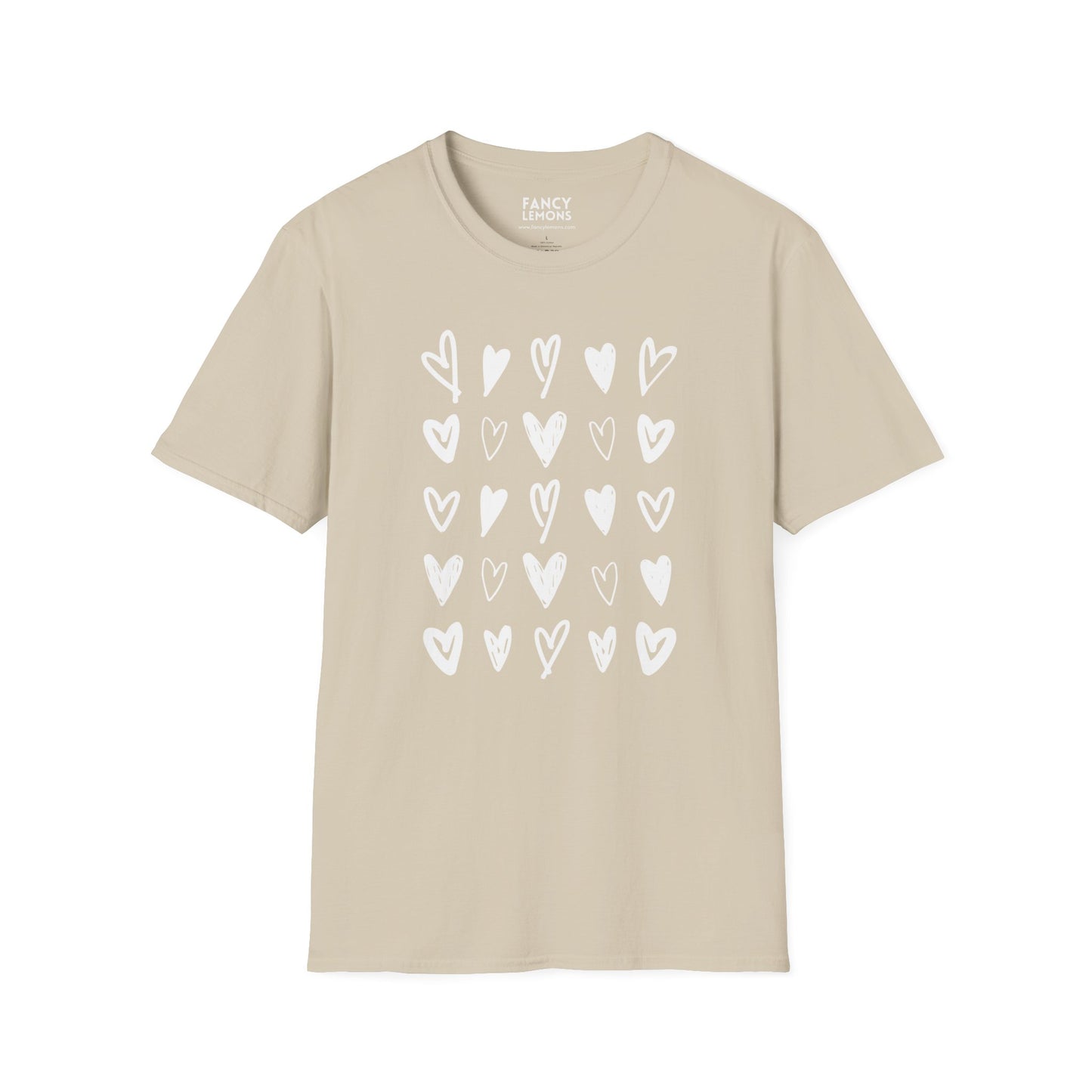 Whimsical Love: Gray Softstyle Cotton Tee with Hand-Drawn White Hearts | Unique Heart Design on Back | Unisex T-Shirt