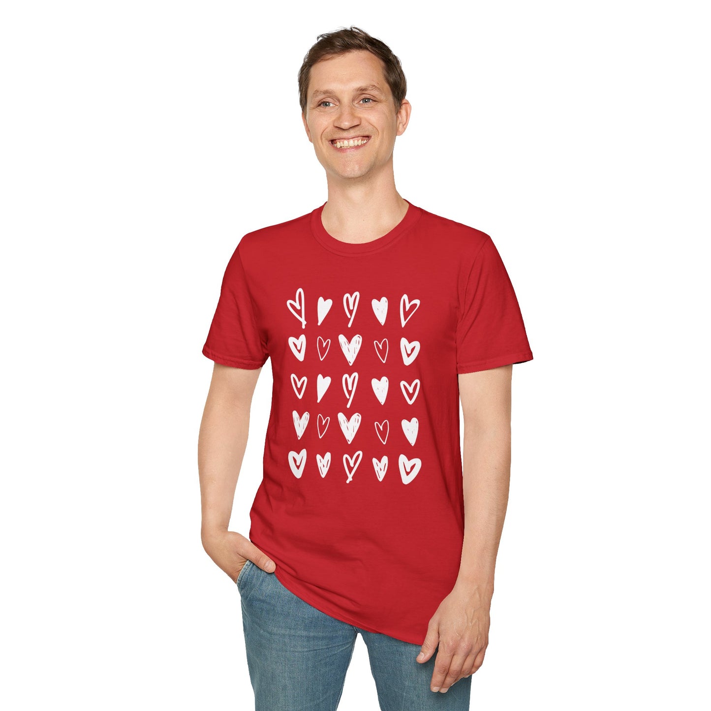 Whimsical Love: Gray Softstyle Cotton Tee with Hand-Drawn White Hearts | Unique Heart Design on Back | Unisex T-Shirt