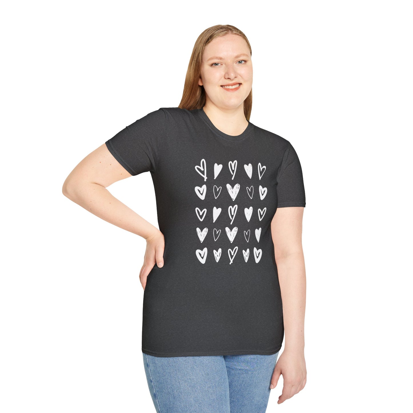 Whimsical Love: Gray Softstyle Cotton Tee with Hand-Drawn White Hearts | Unique Heart Design on Back | Unisex T-Shirt