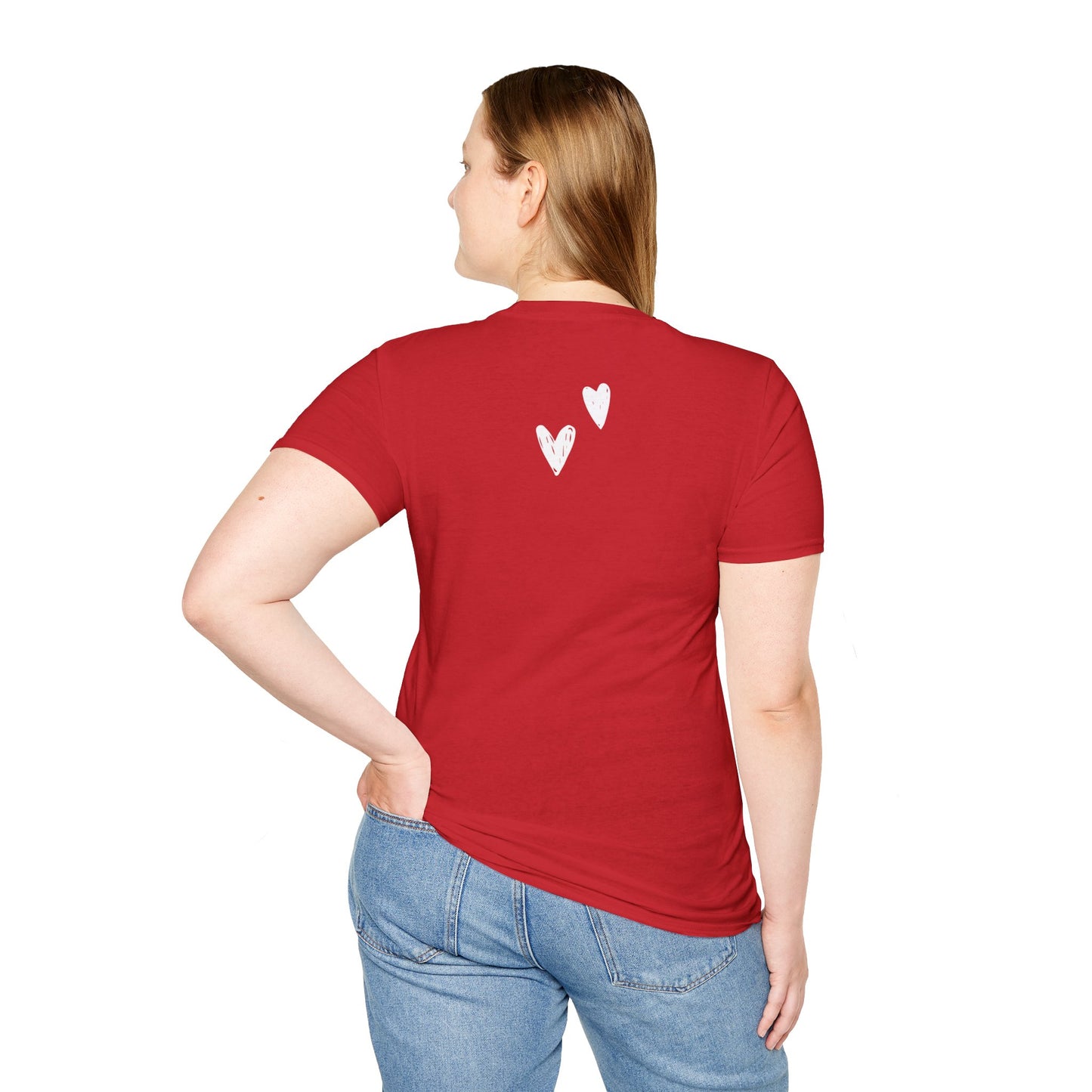 Whimsical Love: Gray Softstyle Cotton Tee with Hand-Drawn White Hearts | Unique Heart Design on Back | Unisex T-Shirt