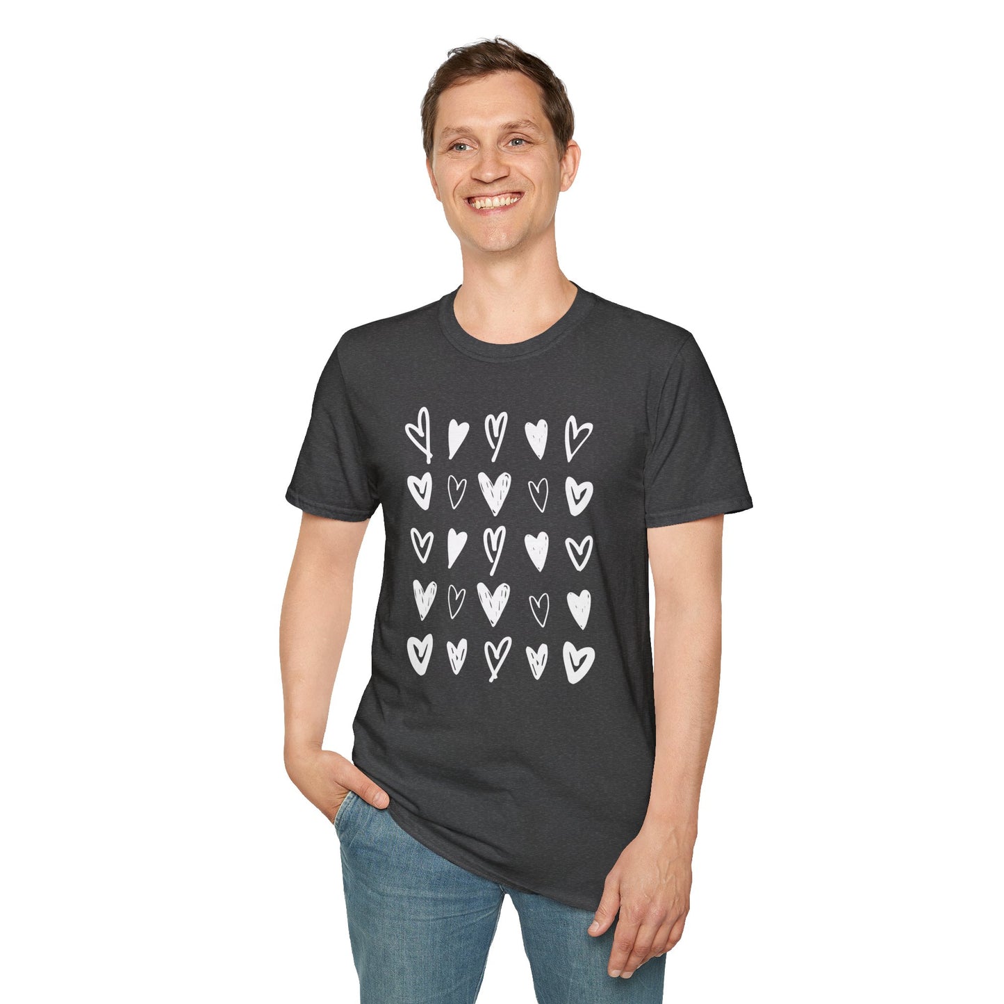 Whimsical Love: Gray Softstyle Cotton Tee with Hand-Drawn White Hearts | Unique Heart Design on Back | Unisex T-Shirt