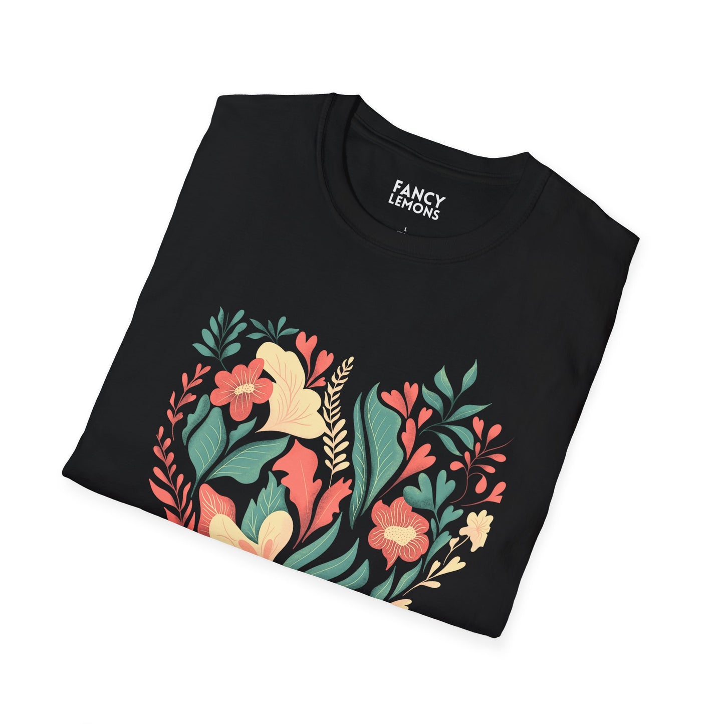 Black Floral Heart Graphic T-Shirt: Nature's Elegance in Black - Unisex Softstyle T-Shirt