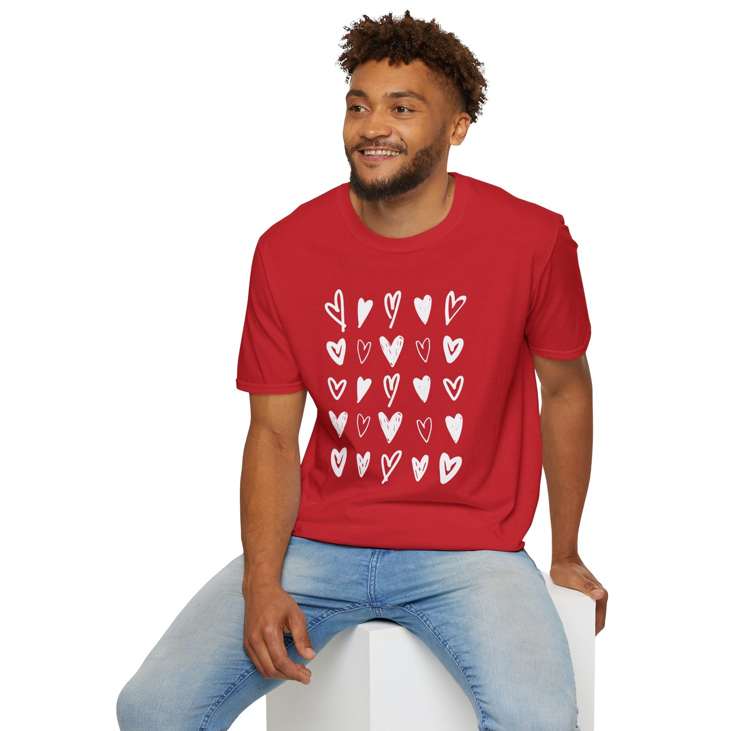 Whimsical Love: Gray Softstyle Cotton Tee with Hand-Drawn White Hearts | Unique Heart Design on Back | Unisex T-Shirt