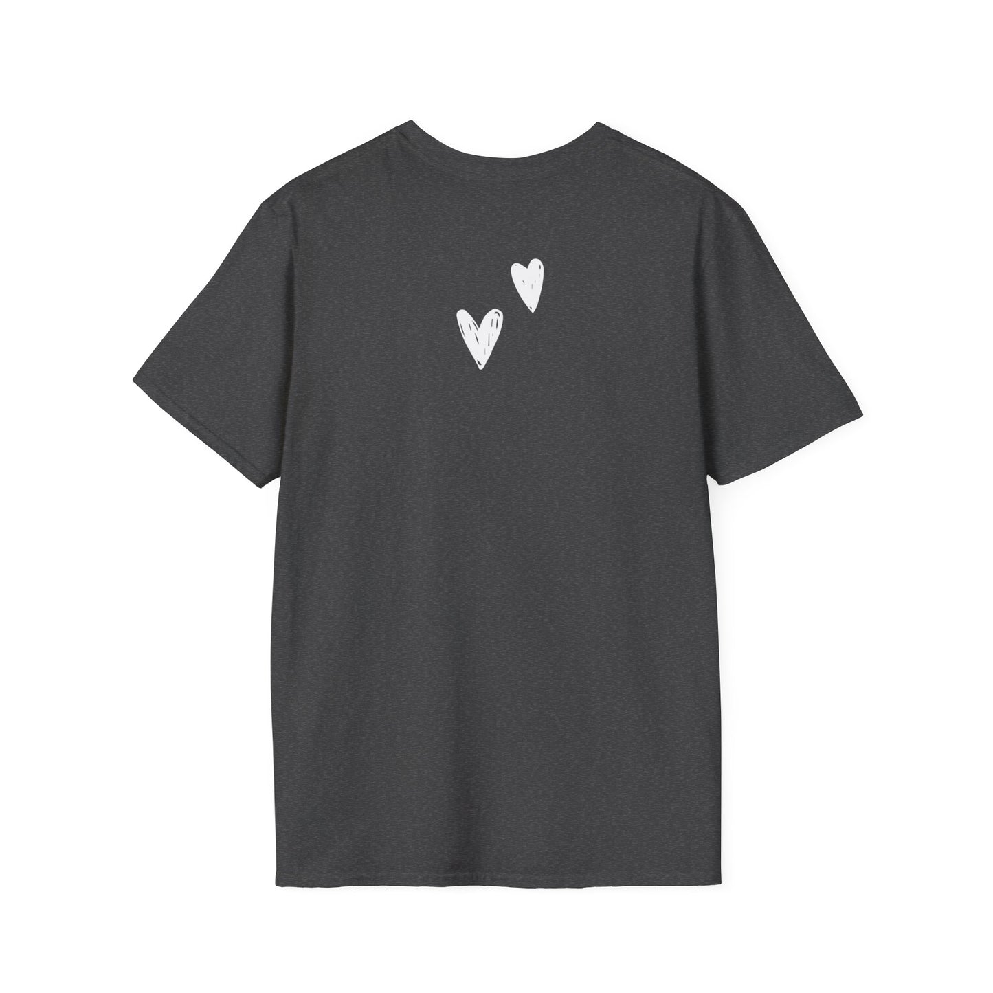 Whimsical Love: Gray Softstyle Cotton Tee with Hand-Drawn White Hearts | Unique Heart Design on Back | Unisex T-Shirt