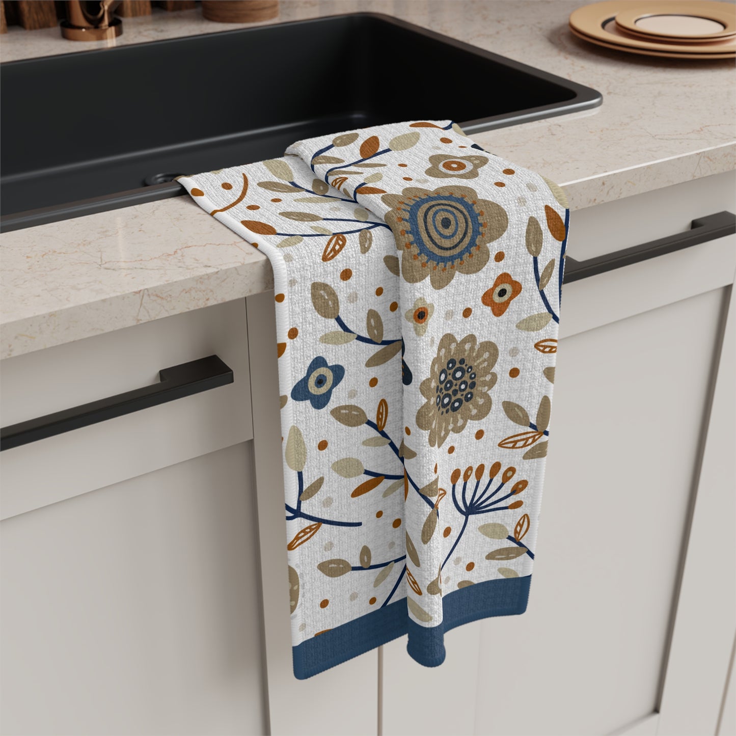 Serene Blues: Soft Kitchen Towel with Abstract Flower Pattern