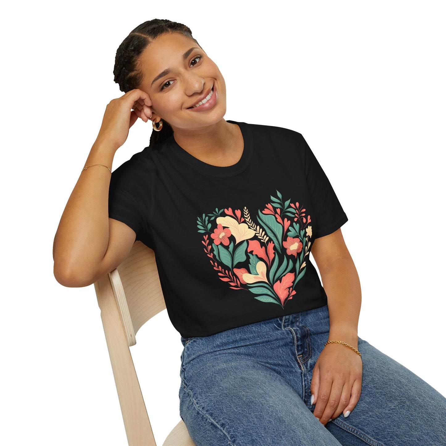 Black Floral Heart Graphic T-Shirt: Nature's Elegance in Black - Unisex Softstyle T-Shirt