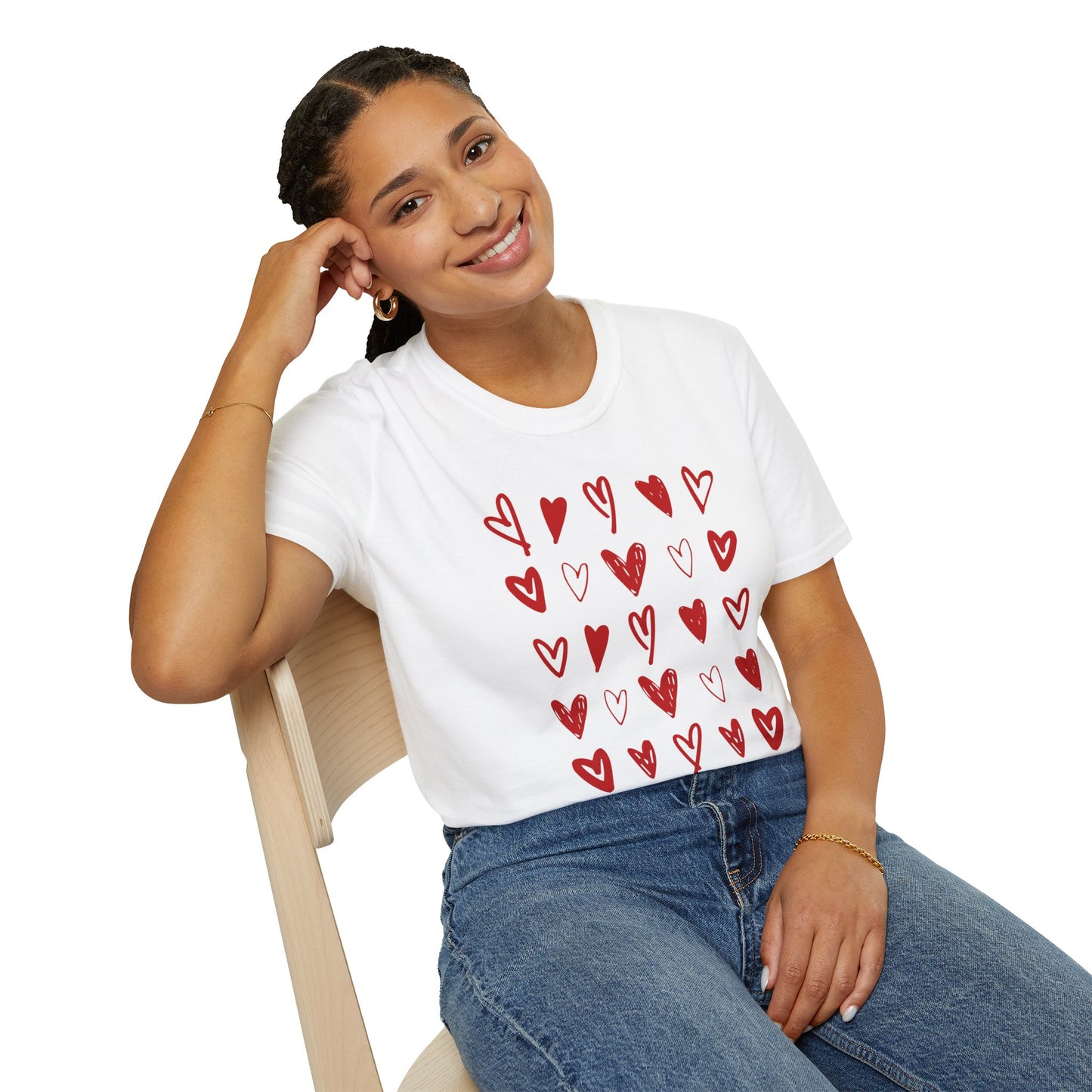 Whimsical Love: White Softstyle Cotton Tee with Hand-Drawn Rows of Red Hearts Unisex T-Shirt"