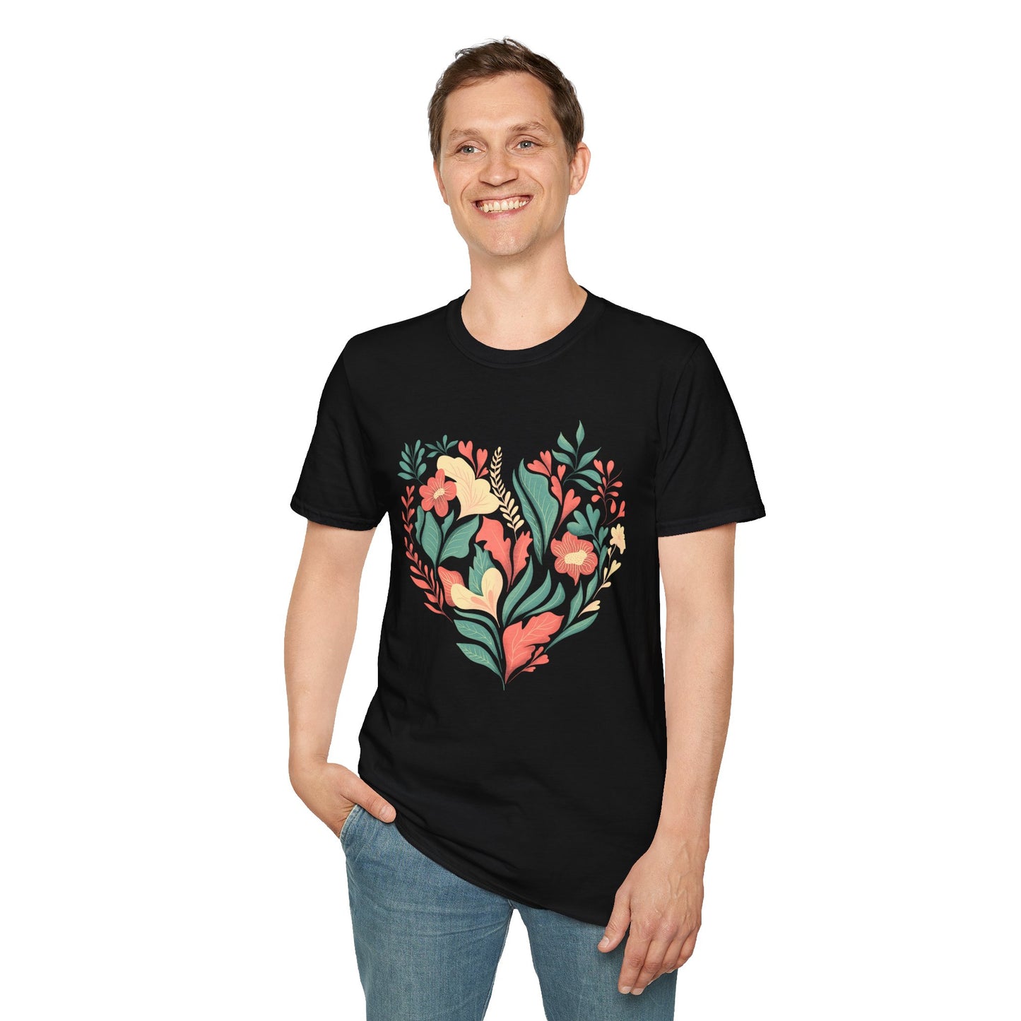 Black Floral Heart Graphic T-Shirt: Nature's Elegance in Black - Unisex Softstyle T-Shirt