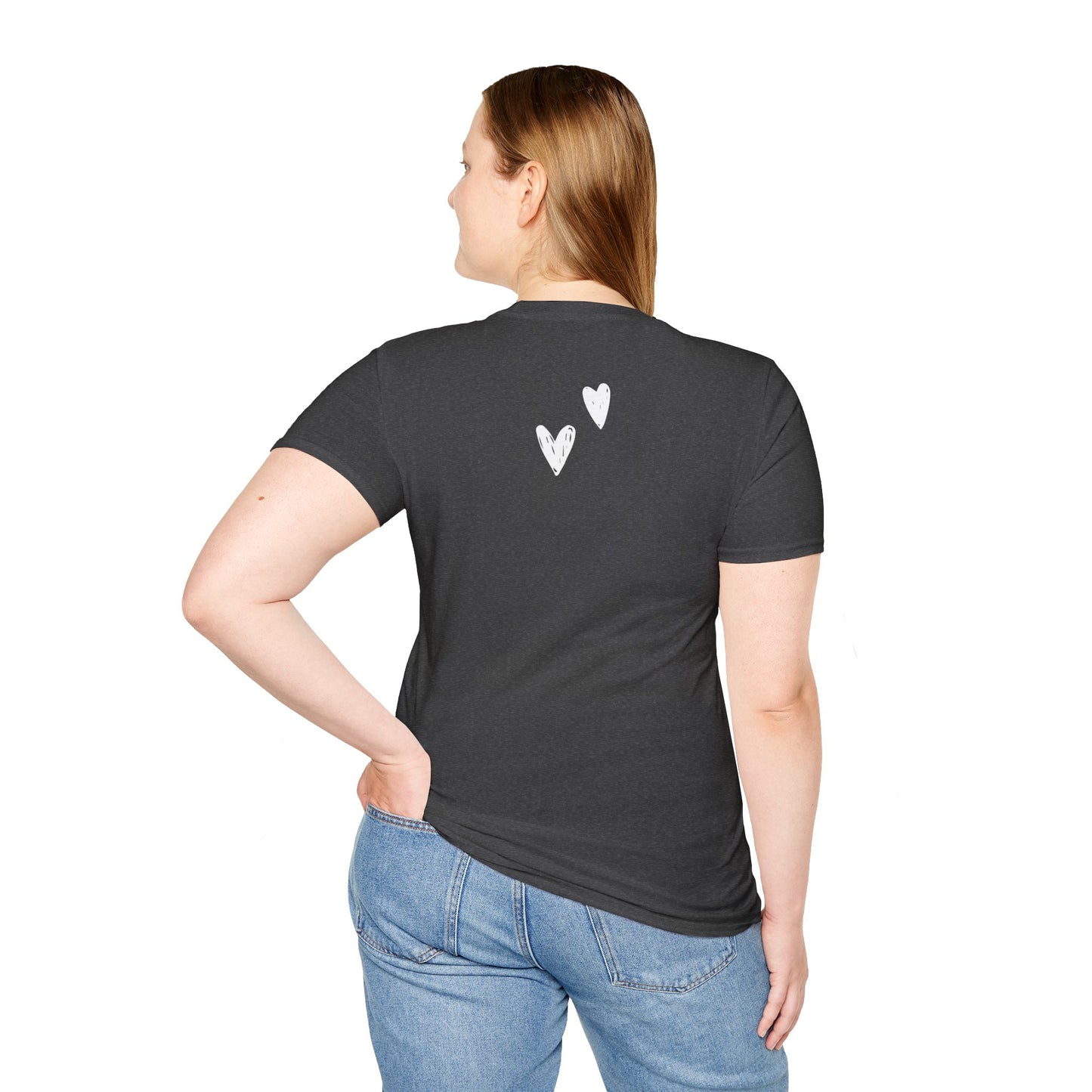 Whimsical Love: Gray Softstyle Cotton Tee with Hand-Drawn White Hearts | Unique Heart Design on Back | Unisex T-Shirt