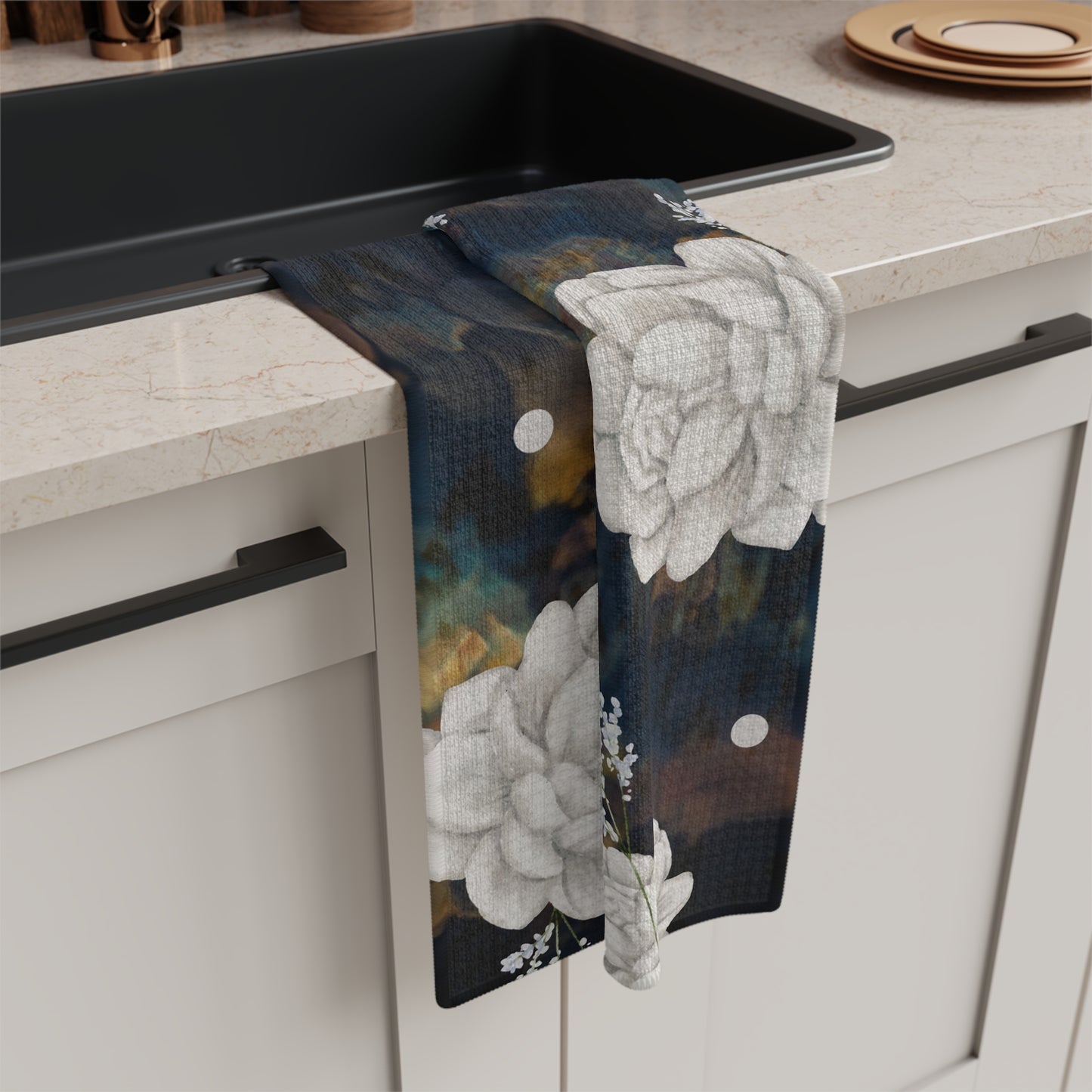 Floral Noir: Elegant Dark Abstract Soft Tea Towel for the Kitchen