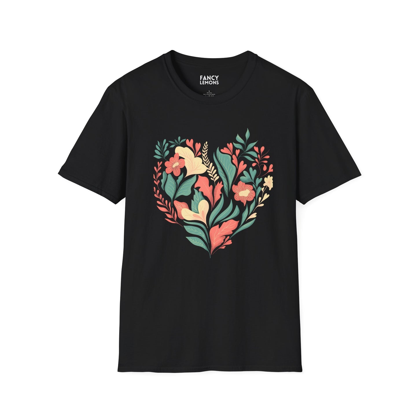 Black Floral Heart Graphic T-Shirt: Nature's Elegance in Black - Unisex Softstyle T-Shirt