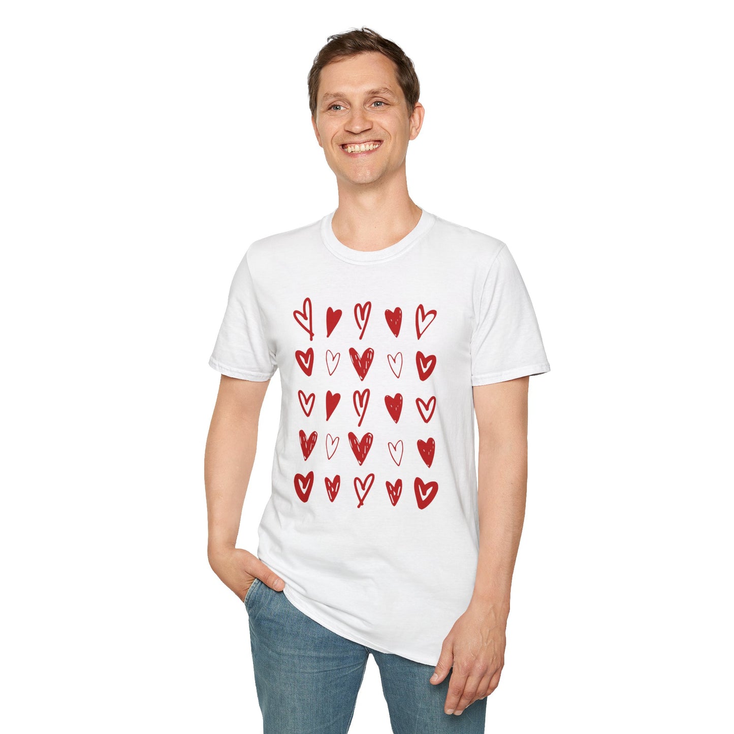 Whimsical Love: White Softstyle Cotton Tee with Hand-Drawn Rows of Red Hearts Unisex T-Shirt"