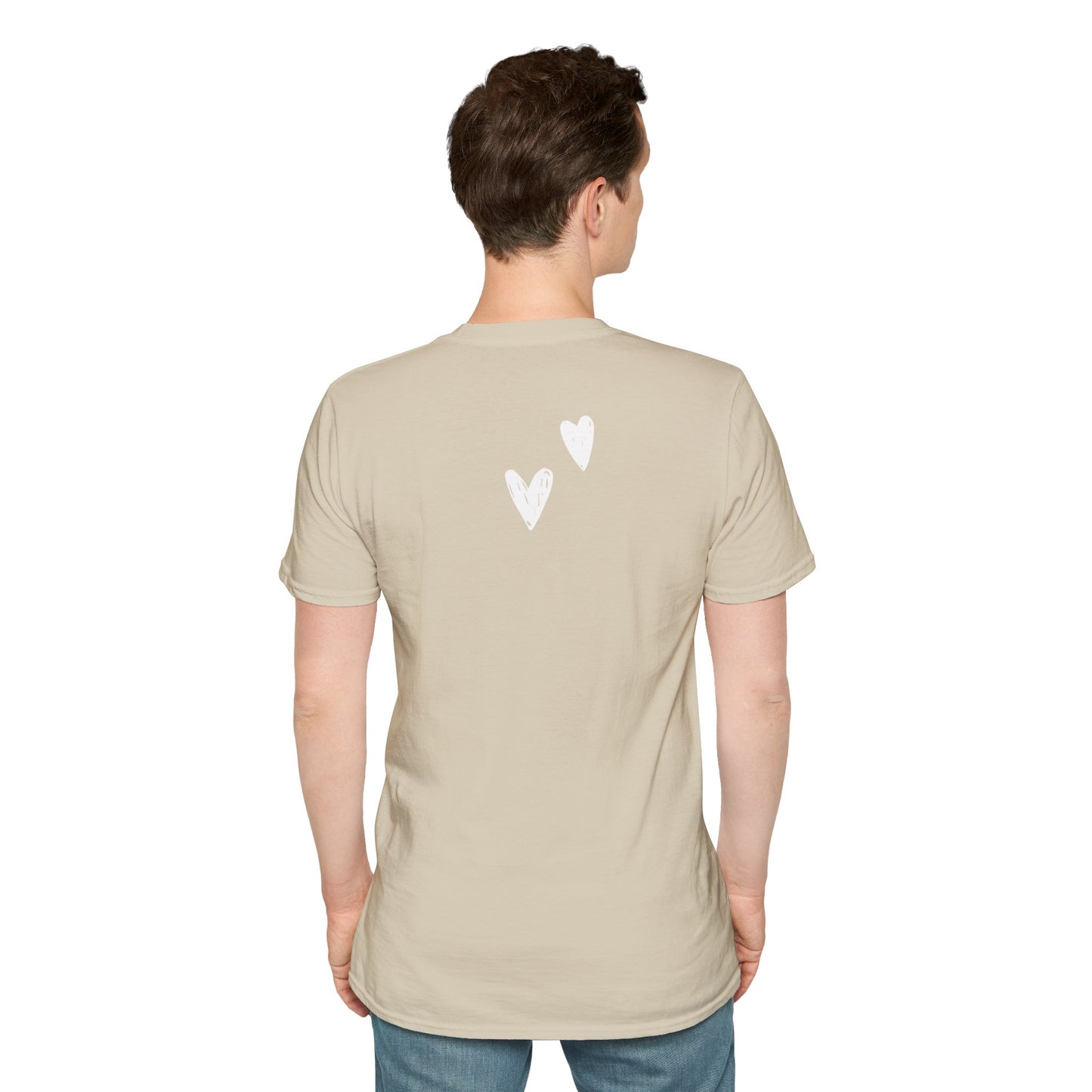 Whimsical Love: Gray Softstyle Cotton Tee with Hand-Drawn White Hearts | Unique Heart Design on Back | Unisex T-Shirt