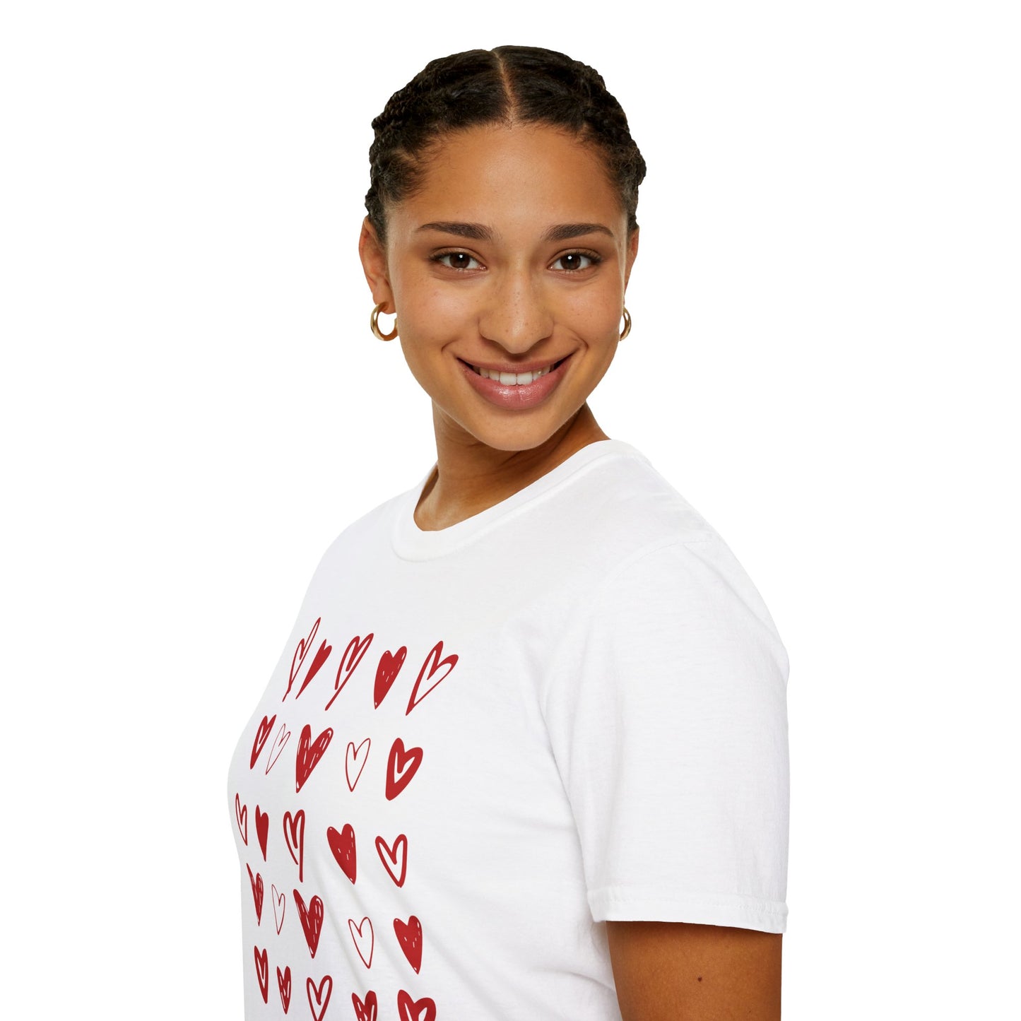 Whimsical Love: White Softstyle Cotton Tee with Hand-Drawn Rows of Red Hearts Unisex T-Shirt"