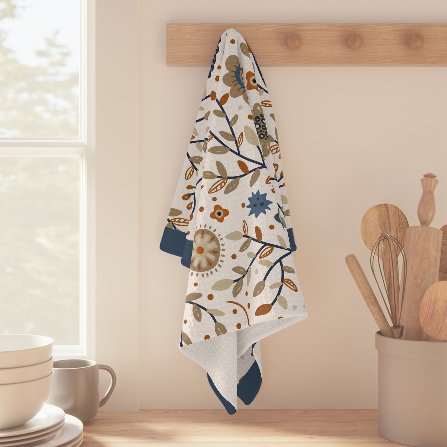 Serene Blues: Soft Kitchen Towel with Abstract Flower Pattern