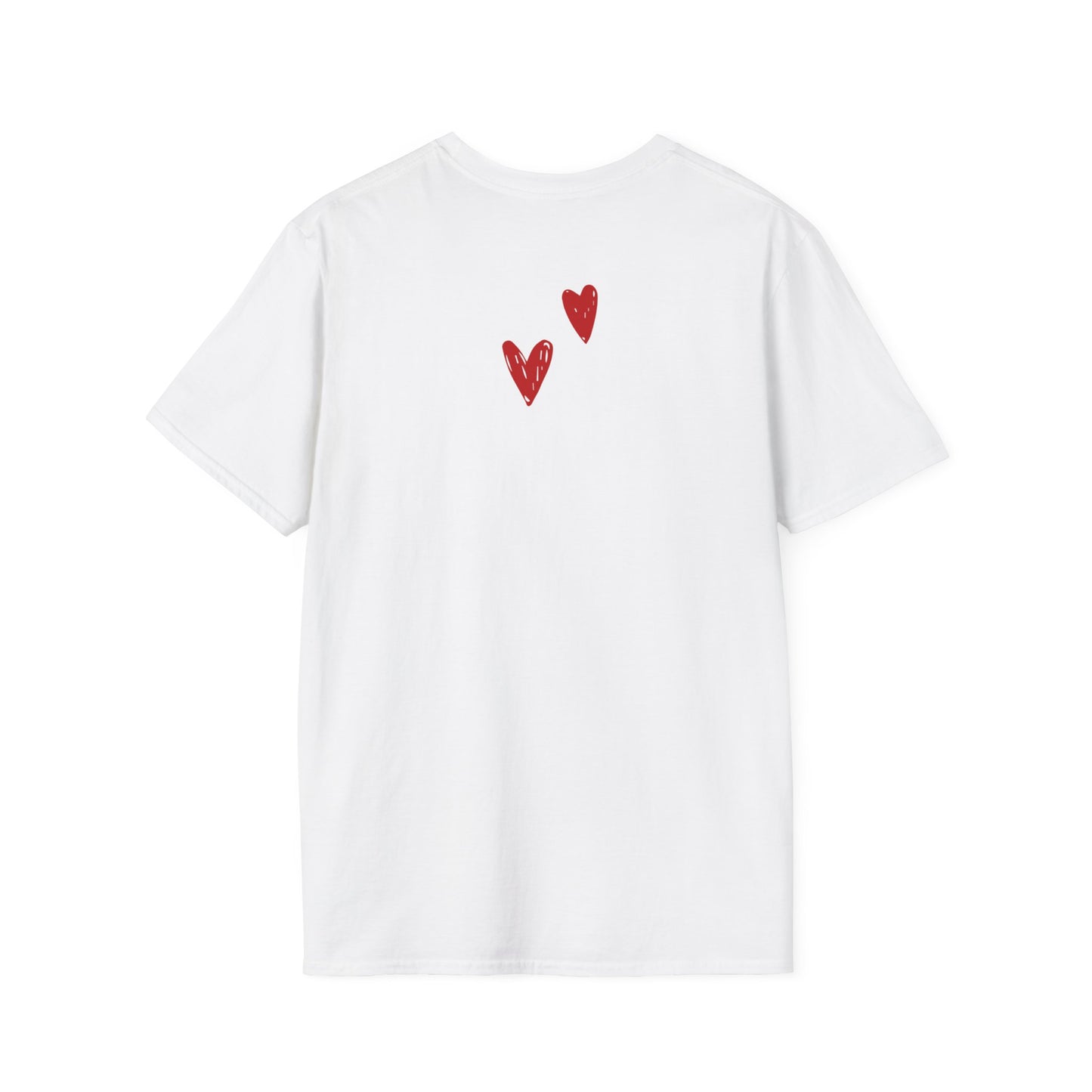 Whimsical Love: White Softstyle Cotton Tee with Hand-Drawn Rows of Red Hearts Unisex T-Shirt"