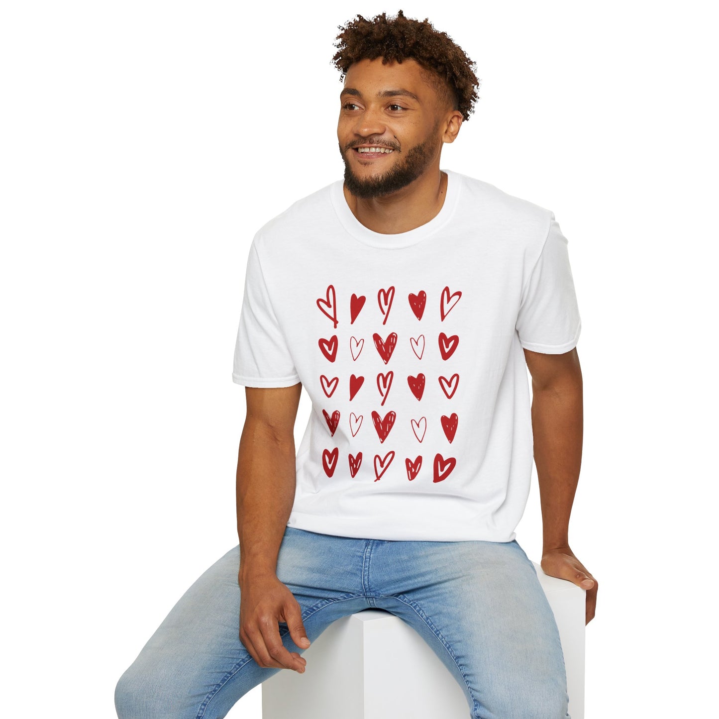 Whimsical Love: White Softstyle Cotton Tee with Hand-Drawn Rows of Red Hearts Unisex T-Shirt"