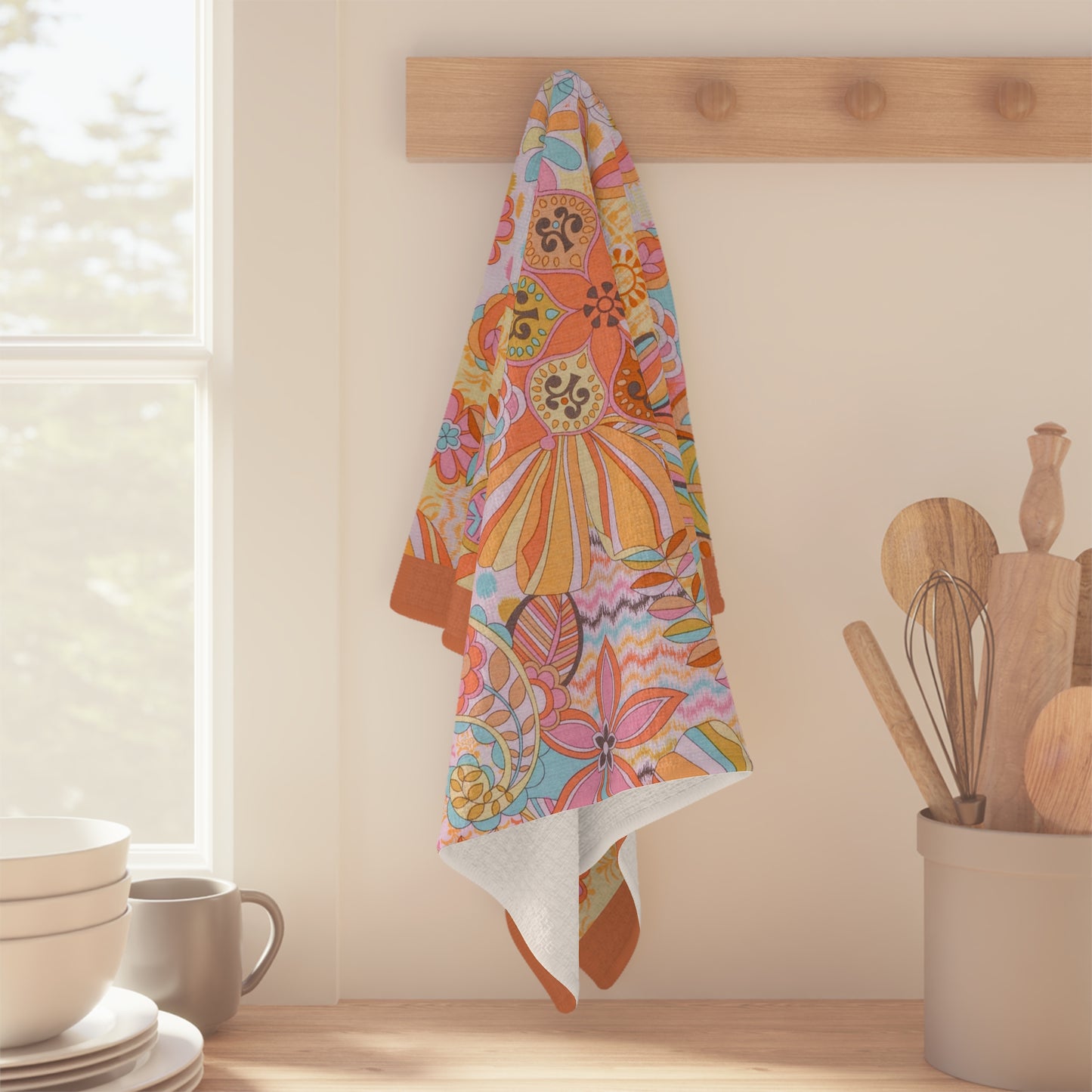 Vibrant Psychedelic Kitchen Towel: Colorful Floral & Figure Designs