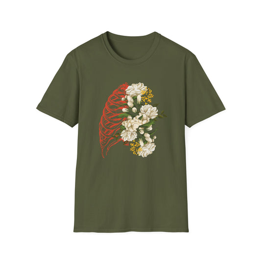 Blossoming Ribs: Skeleton & White Flowers Unisex Softstyle T-Shirt