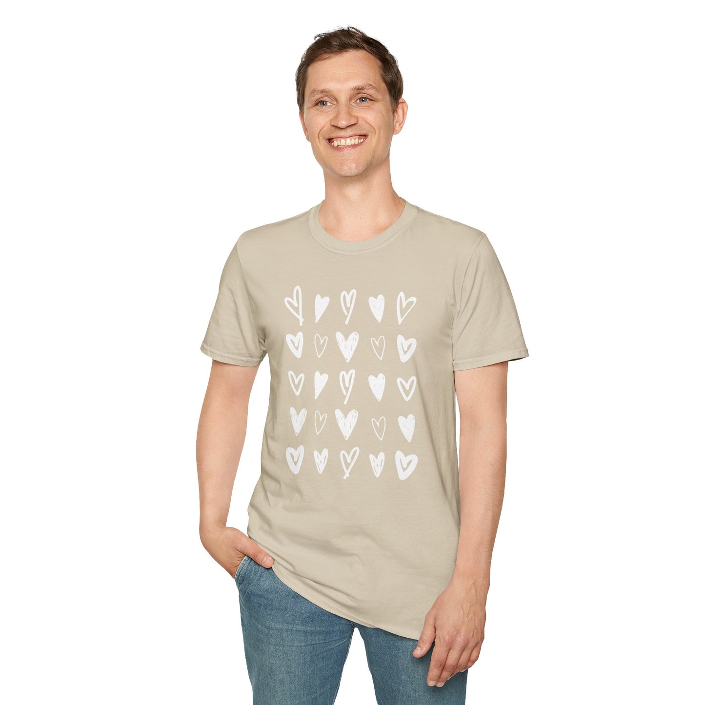 Whimsical Love: Gray Softstyle Cotton Tee with Hand-Drawn White Hearts | Unique Heart Design on Back | Unisex T-Shirt