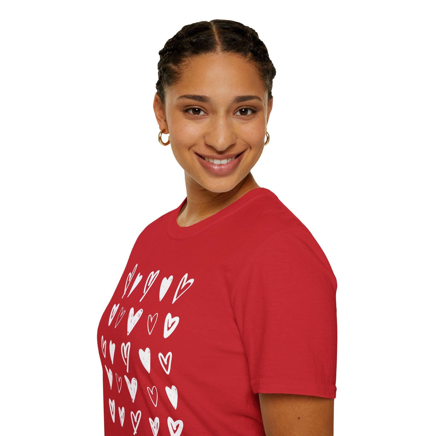 Whimsical Love: Gray Softstyle Cotton Tee with Hand-Drawn White Hearts | Unique Heart Design on Back | Unisex T-Shirt