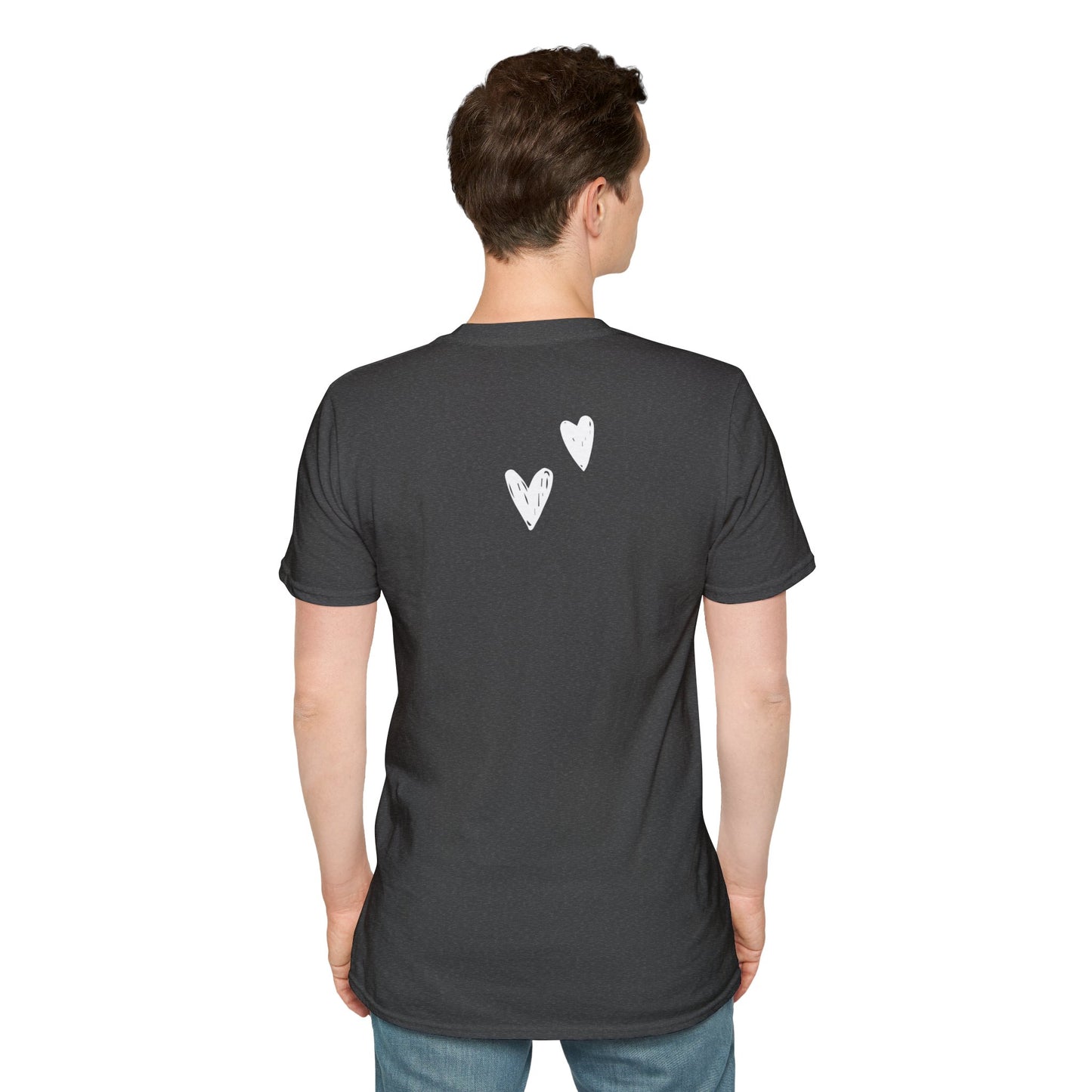 Whimsical Love: Gray Softstyle Cotton Tee with Hand-Drawn White Hearts | Unique Heart Design on Back | Unisex T-Shirt