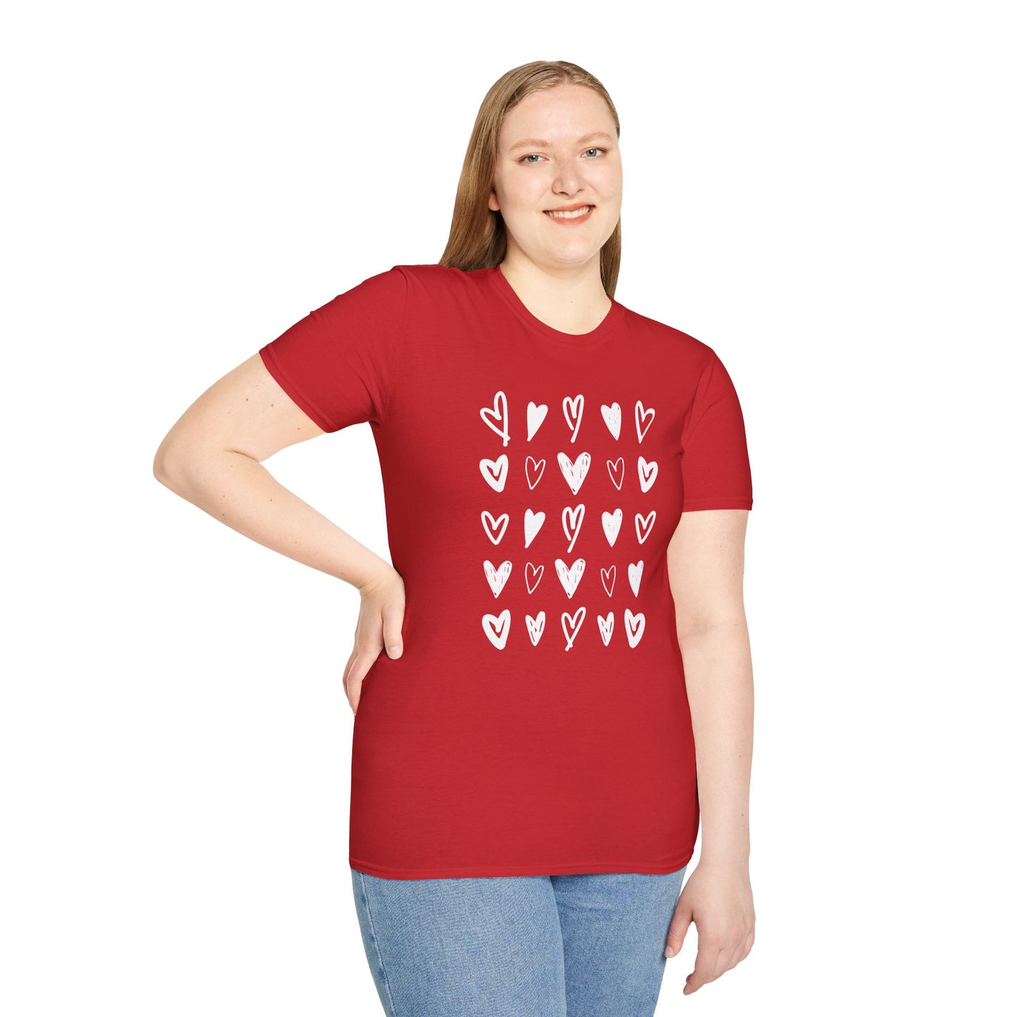 Whimsical Love: Gray Softstyle Cotton Tee with Hand-Drawn White Hearts | Unique Heart Design on Back | Unisex T-Shirt