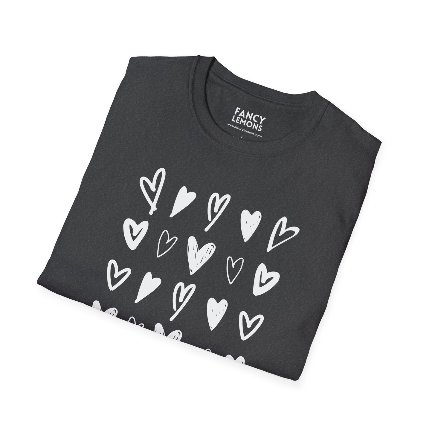 Whimsical Love: Gray Softstyle Cotton Tee with Hand-Drawn White Hearts | Unique Heart Design on Back | Unisex T-Shirt