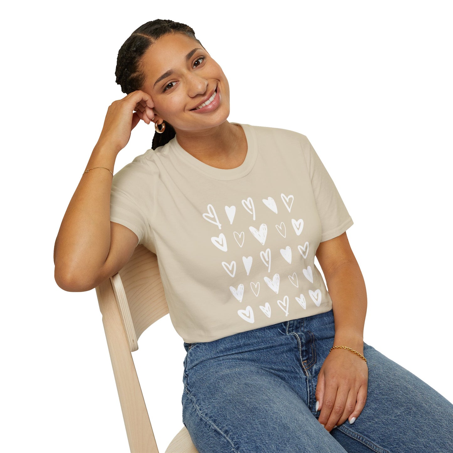 Whimsical Love: Gray Softstyle Cotton Tee with Hand-Drawn White Hearts | Unique Heart Design on Back | Unisex T-Shirt