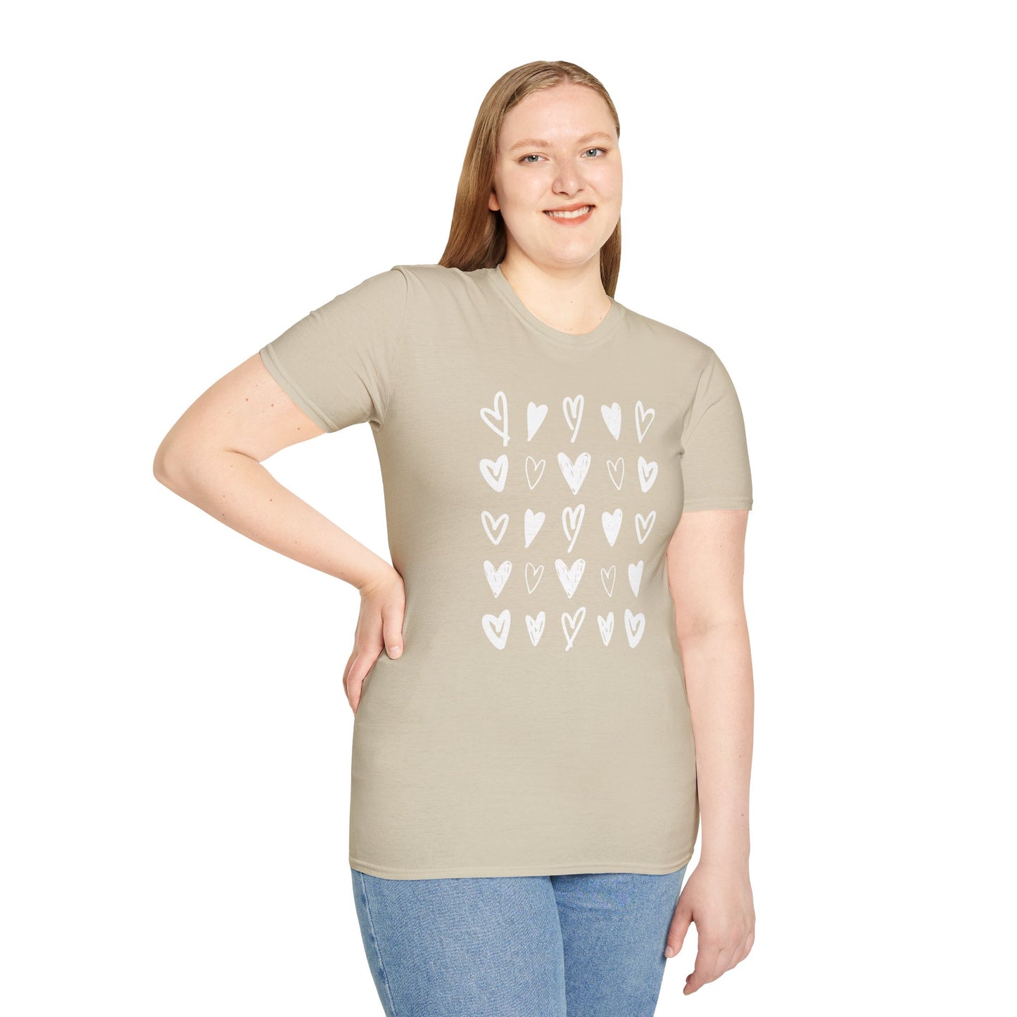 Whimsical Love: Gray Softstyle Cotton Tee with Hand-Drawn White Hearts | Unique Heart Design on Back | Unisex T-Shirt