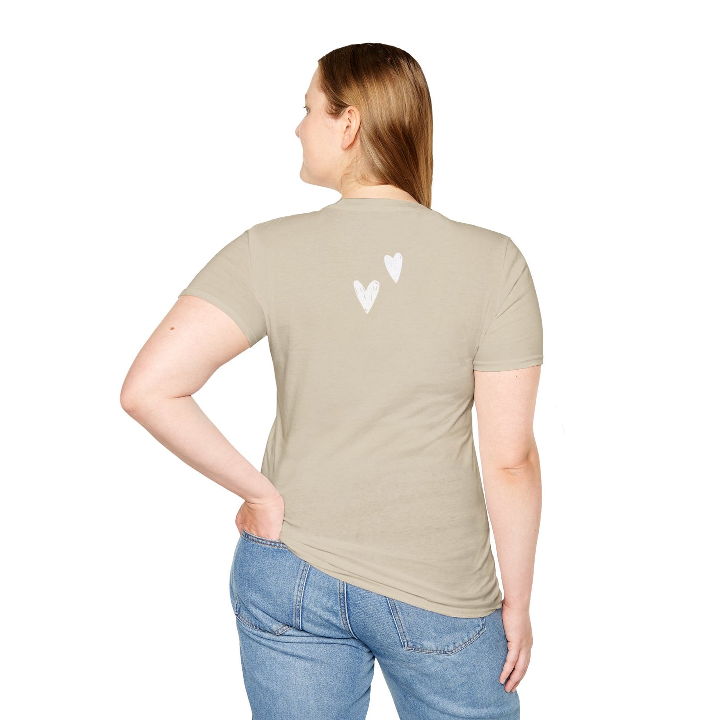 Whimsical Love: Gray Softstyle Cotton Tee with Hand-Drawn White Hearts | Unique Heart Design on Back | Unisex T-Shirt