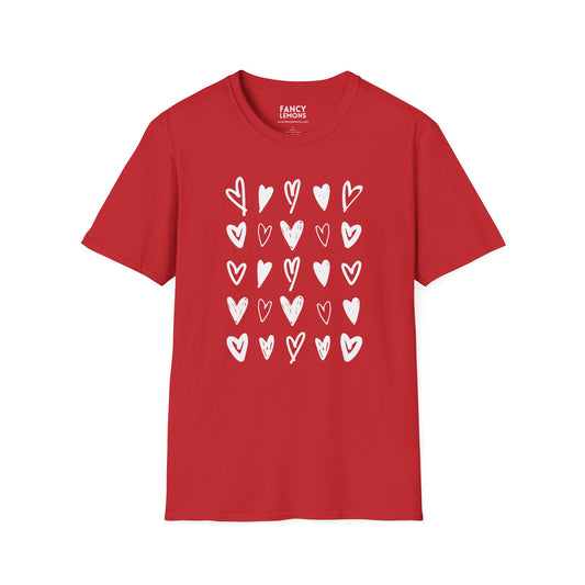 Whimsical Love: Gray Softstyle Cotton Tee with Hand-Drawn White Hearts | Unique Heart Design on Back | Unisex T-Shirt