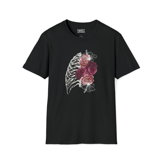 Blossoming Ribs: Skeleton & Flowers Unisex Softstyle T-Shirt