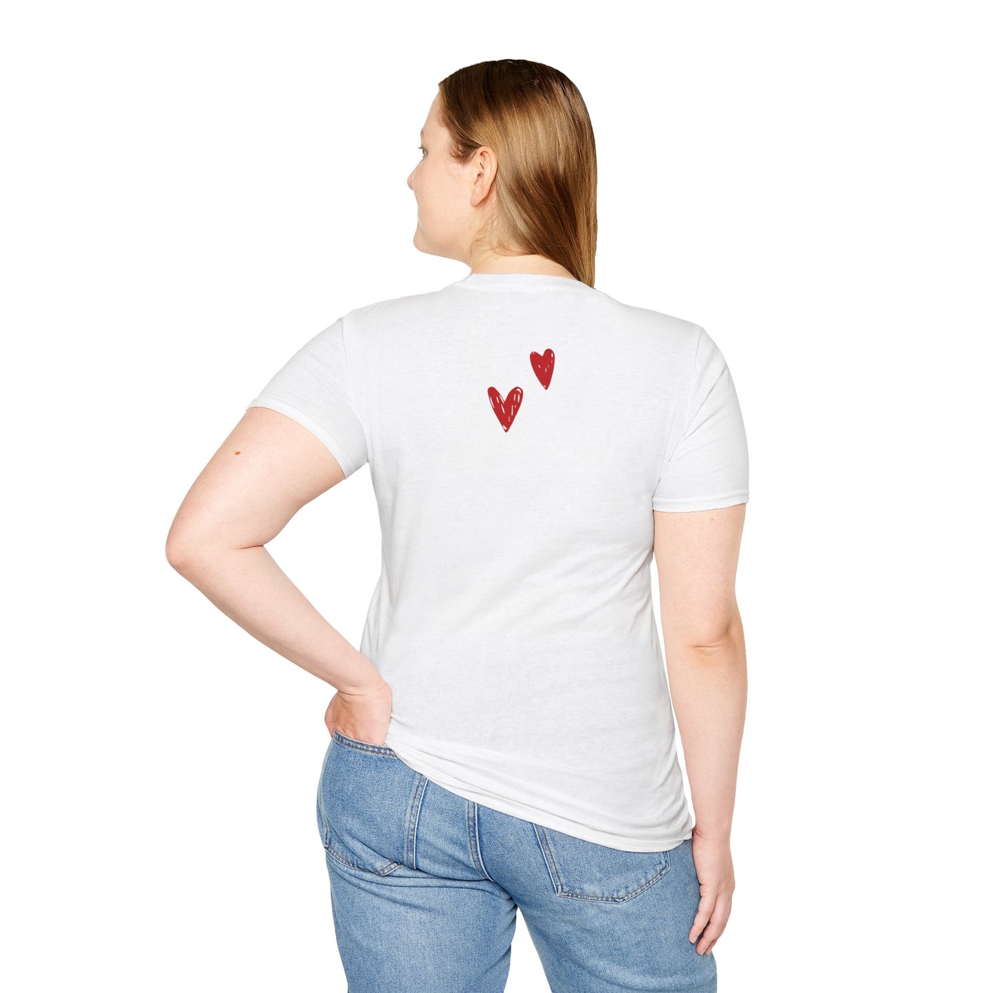 Whimsical Love: White Softstyle Cotton Tee with Hand-Drawn Rows of Red Hearts Unisex T-Shirt"