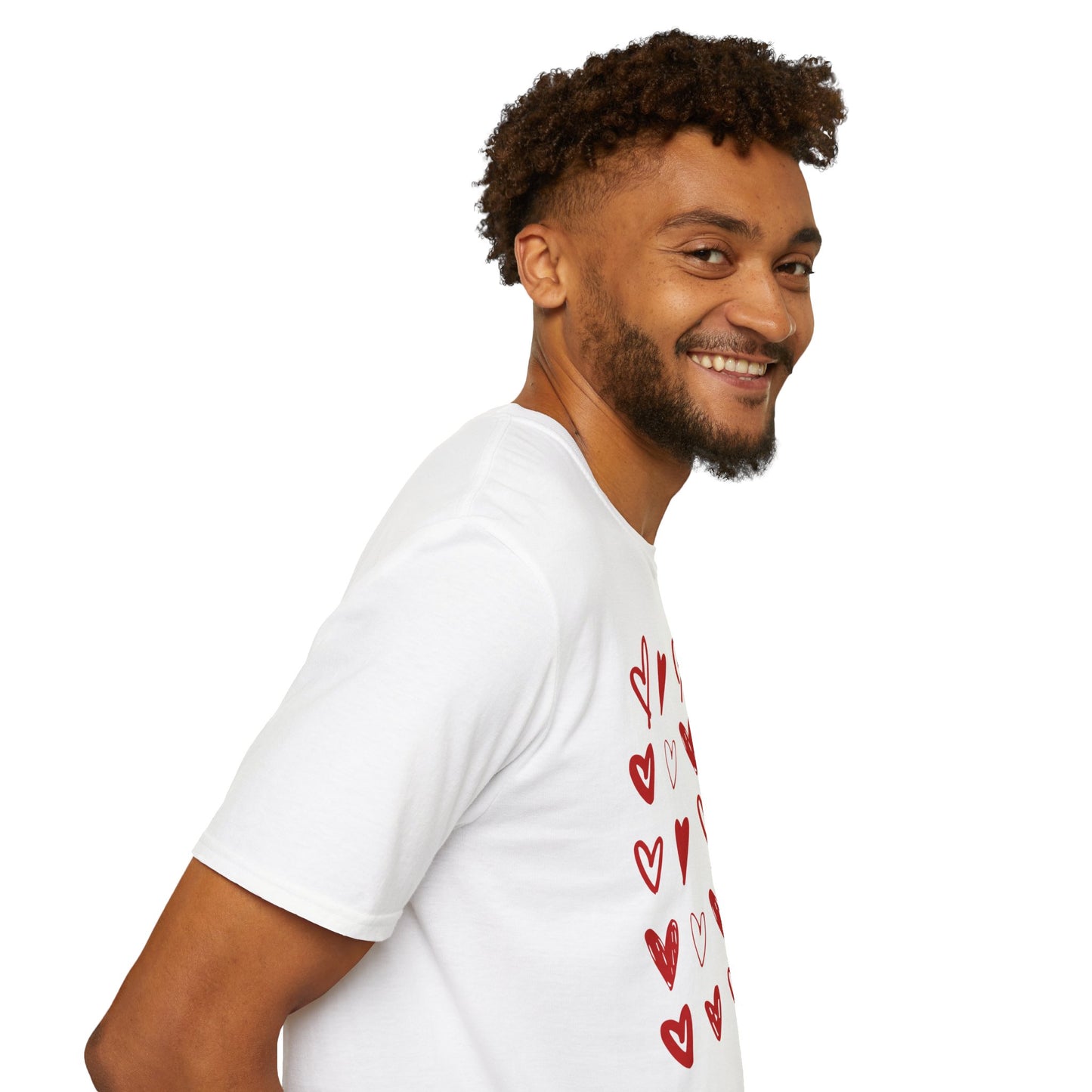 Whimsical Love: White Softstyle Cotton Tee with Hand-Drawn Rows of Red Hearts Unisex T-Shirt"