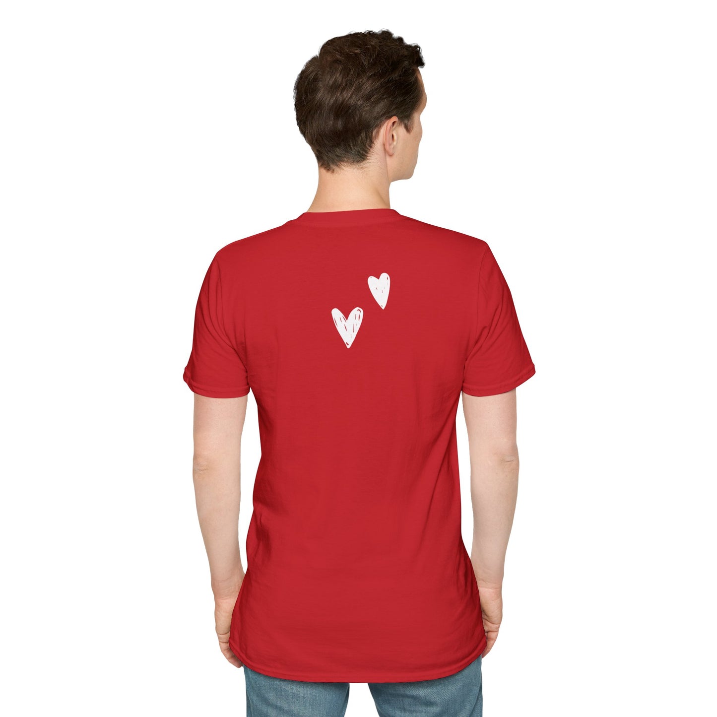 Whimsical Love: Gray Softstyle Cotton Tee with Hand-Drawn White Hearts | Unique Heart Design on Back | Unisex T-Shirt