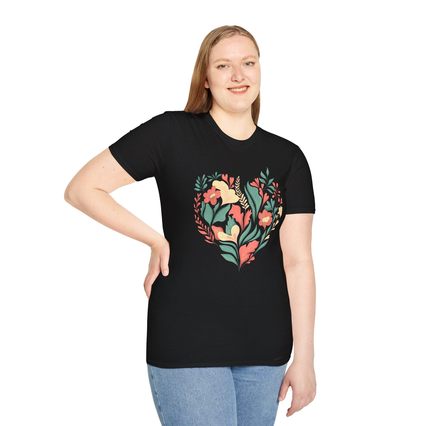 Black Floral Heart Graphic T-Shirt: Nature's Elegance in Black - Unisex Softstyle T-Shirt